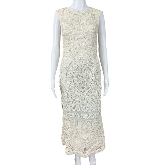 JS Collection Soutache Embroidered Dress Size 2 Cream Sleeveless Midi Event Glam - Picture 3 of 14